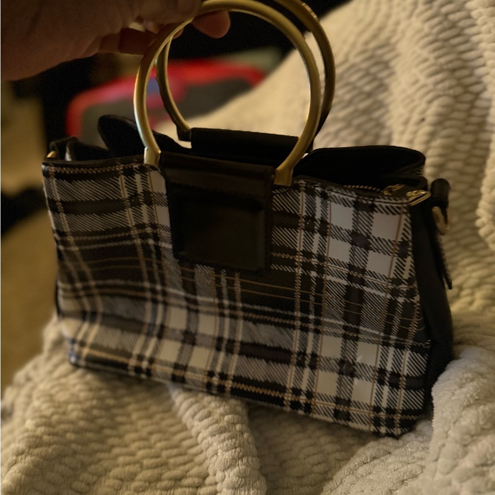 Patricia Nash Black and White Plaid Satchel with Gold Accents